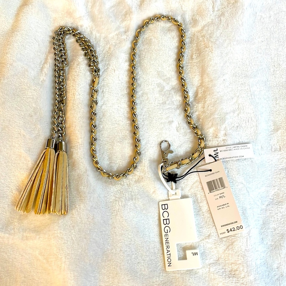 BCBG Silver Tone Metal With Sand Color Faux Leather And Tassels Retail 42.00 NWT